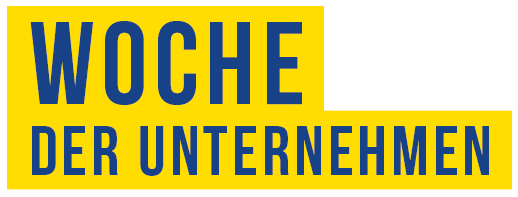 Text mit der Aufschrift WOCHE DER UNTERNEHMEN in blauen Großbuchstaben auf gelbem Hintergrund, der für berufliche Bildung und Ausbildungsmöglichkeiten wirbt.