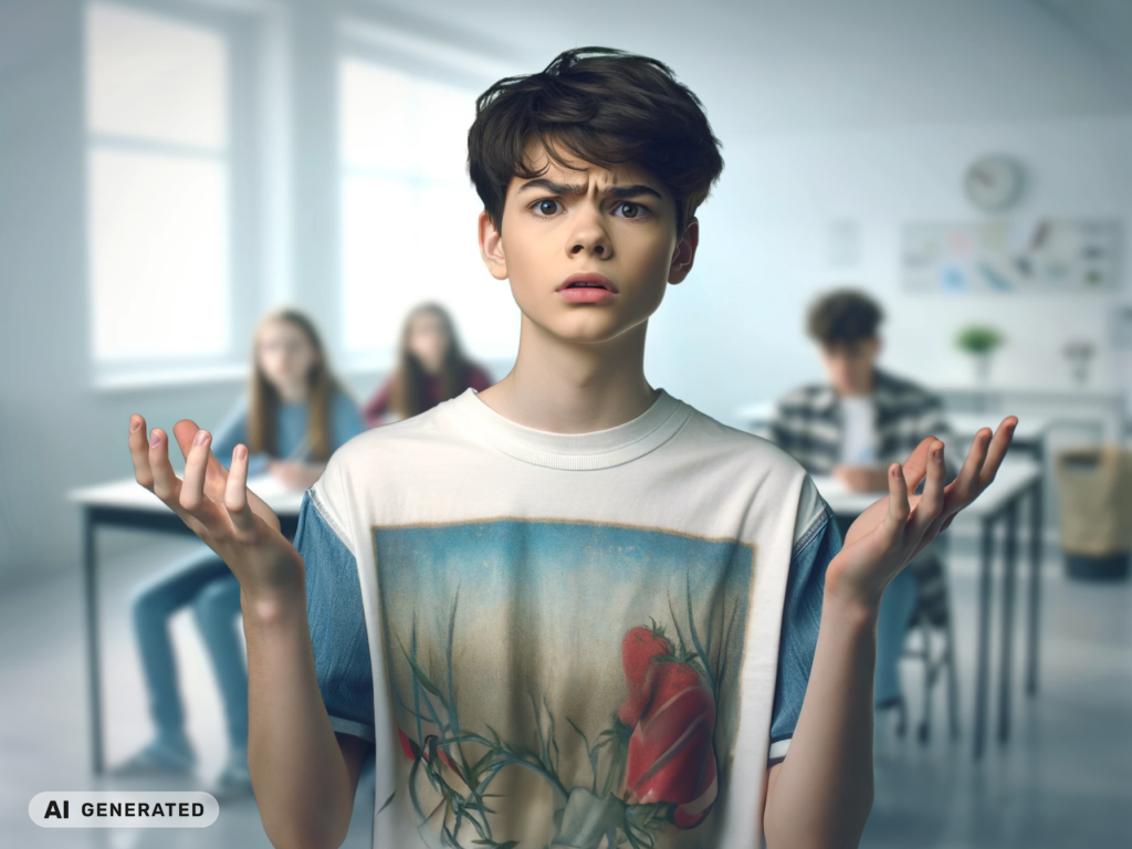 Ein junger Mensch in einem T-Shirt mit einem Landschaftsmotiv steht in einem Klassenzimmer und hält die Handflächen in einer Geste der Verwirrung nach oben.