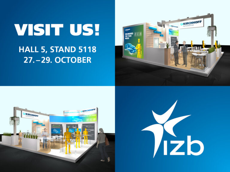 Promotional graphic for Kirchhoff Automotive at IZB, showing booth displays, event details for Hall 5, Stand 5118, from October 27–29, and the IZB logo.