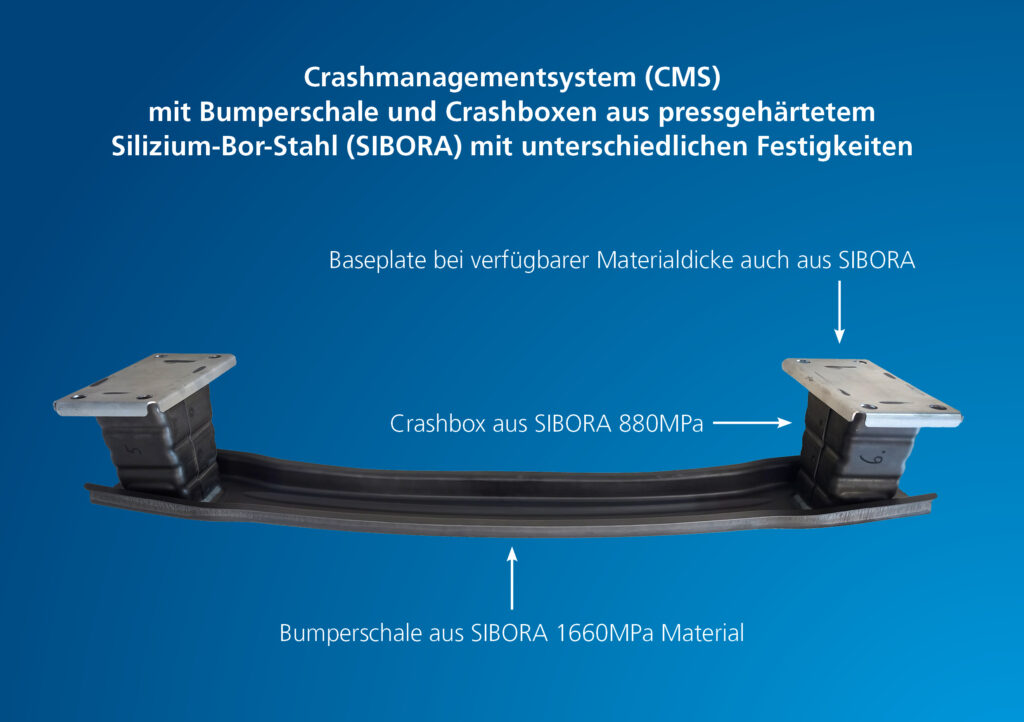 Ein Fahrzeugstoßfängersystem, dessen Bauteile aus SIBORA-Stahl unterschiedlicher Festigkeit bestehen: ein Stoßfängerträger mit einer Festigkeit von 1660 MPa und Crashboxen mit einer Festigkeit von 880 MPa, mit Grundplatten unterschiedlicher Dicke.