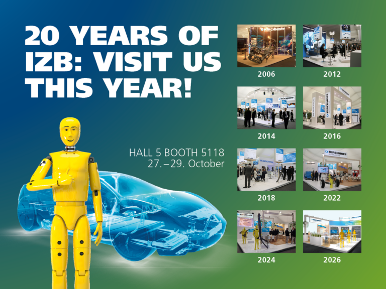 Promotional graphic for IZB featuring a crash test dummy, a ghosted blue car, and a collage of KIRCHHOFF Automotive booths from 2006 to 2026, noting the company will be in Hall 5, Booth 5118 from October 27–29.